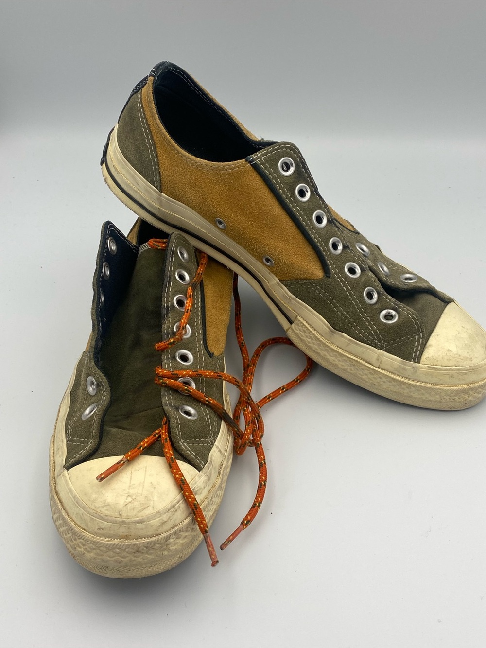 Two-Tone Canvas Low-Top Sneakers in Olive Green and Mustard